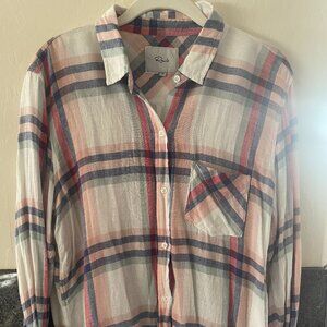 Womens Rails Flannel Button Down Top Size M. Rayon and Linen. Metallic Stripes.